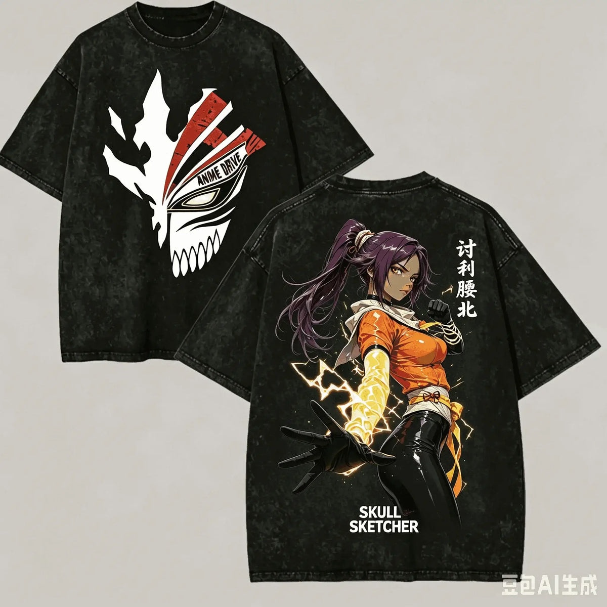 Design of front and back of Bleach Anime Lover Vintage Washed Oversized T-Shirt featuring character graphics and bold colors.