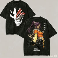 Design of front and back of Bleach Anime Lover Vintage Washed Oversized T-Shirt featuring character graphics and bold colors.