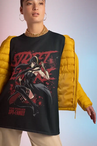 An oversized Spy x Family T-Shirt featuring kawaii graphic art of Yor, Loid, and Anya Forger, designed as trendy women's anime streetwear.