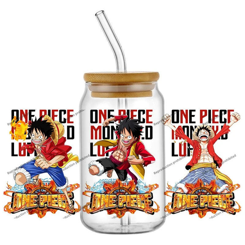 A collection of the newest 31 designs of popular One Piece UV DTF Stickers for a 16oz glass cup.