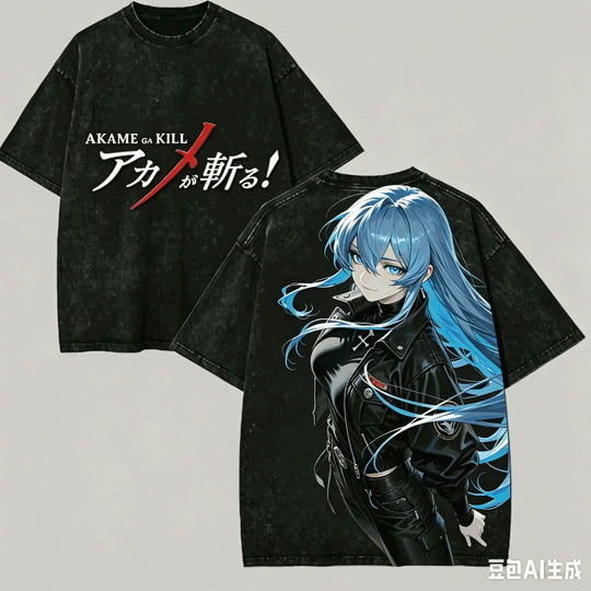 Akame ga Kill Washed Anime T-Shirt featuring a blue-haired character design, oversized Harajuku tee in black.