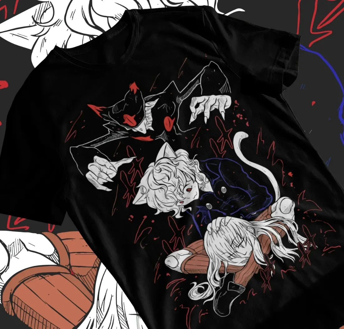 A premium Neferpitou T-Shirt featuring a dynamic manga graphic of the Royal Guard Pitou from Hunter x Hunter, designed as a soft unisex anime tee.