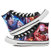 A pair of hot Dragon Ball Goku Canvas Shoes, anime fashion sneakers with a graffiti design for men, women, teenagers, and students.