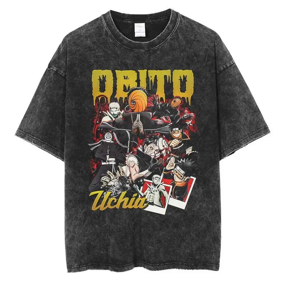 A washed black Naruto Vintage T-Shirt featuring a hip hop style anime print, designed as Harajuku streetwear for men and women.