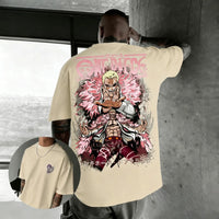 Close-up of One Piece Doflamingo Hip Hop Anime T-Shirt Doflamingo print detail cotton fabric