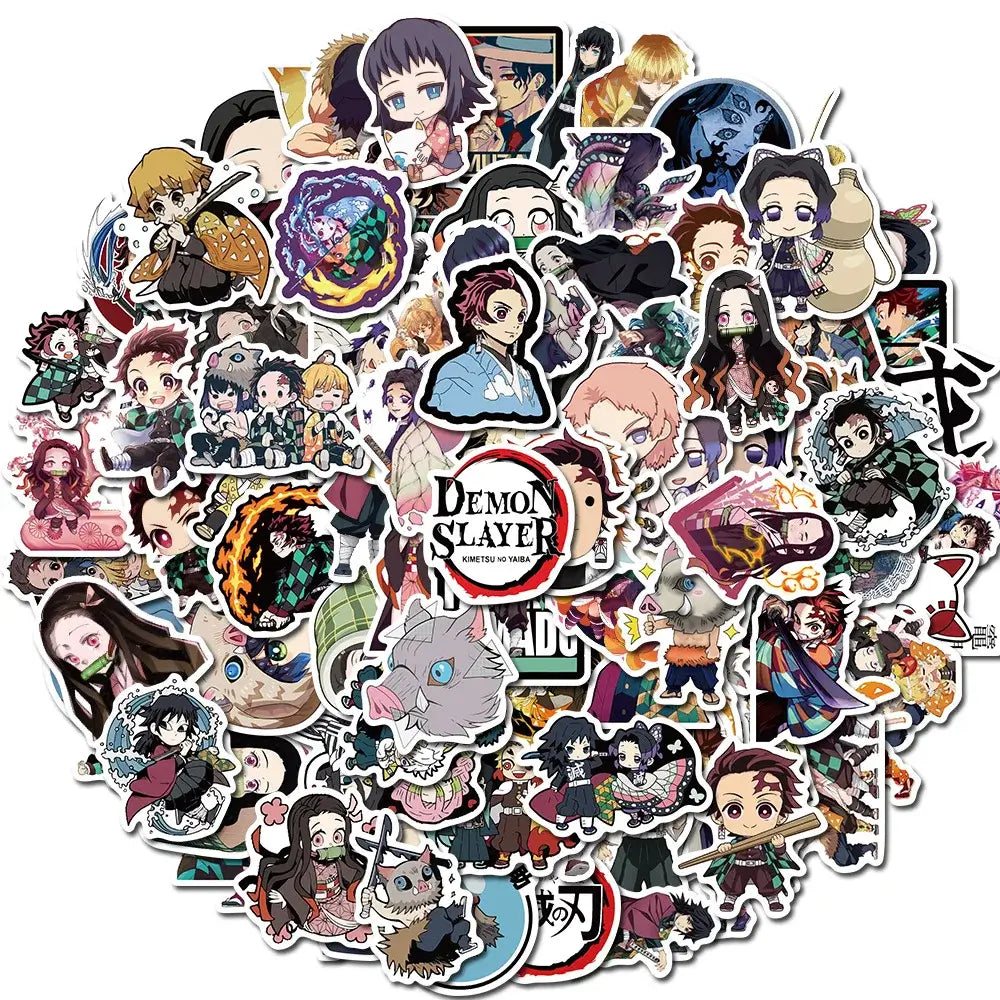 A mixed pack of waterproof Demon Slayer Stickers featuring cute Tanjiro and Nezuko anime art, applied to a laptop and phone case.