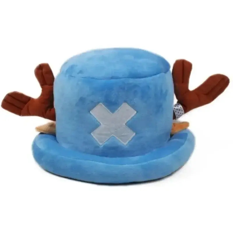 A soft Tony Tony Chopper Hat made of plush cotton featuring 3D antlers, alongside a spotted Trafalgar Law cap for anime cosplay.