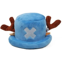 A soft Tony Tony Chopper Hat made of plush cotton featuring 3D antlers, alongside a spotted Trafalgar Law cap for anime cosplay.