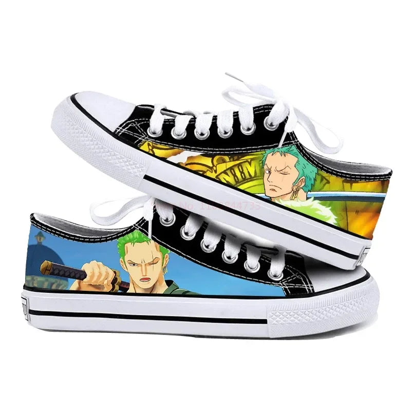 One Piece Anime Low Top Canvas Sneakers flat lay pair printed anime canvas couple birthday gift