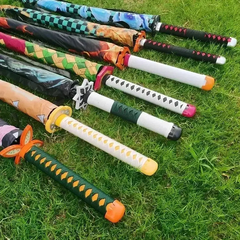 A black Tanjiro Katana Umbrella featuring a replica Nichirin sword handle and UV blocking canopy, inspired by the Demon Slayer anime.