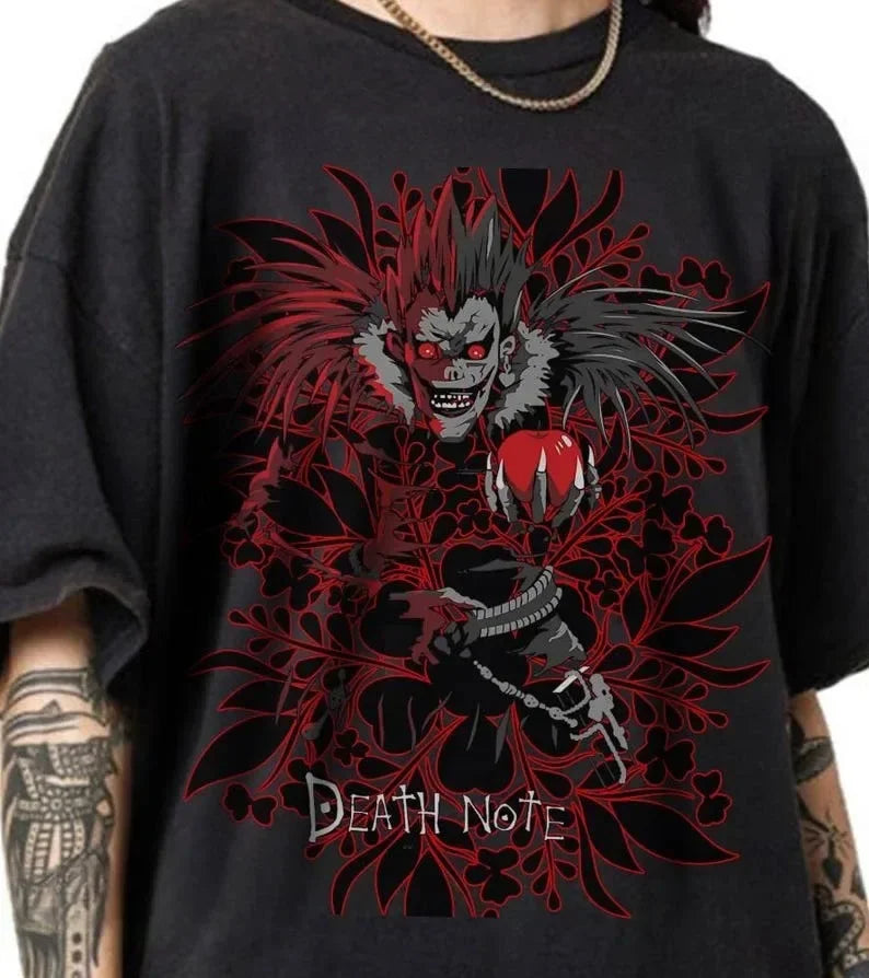 A trendy Death Note T-shirt featuring high-definition anime graphic art of Light Yagami and Ryuk, designed as a unisex Japanese manga top.