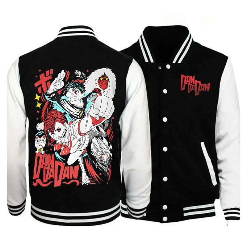 A trendy Dandadan Okarun Jacket featuring Japanese manga art of Ken Takakura, styled as fashion streetwear for men and women.