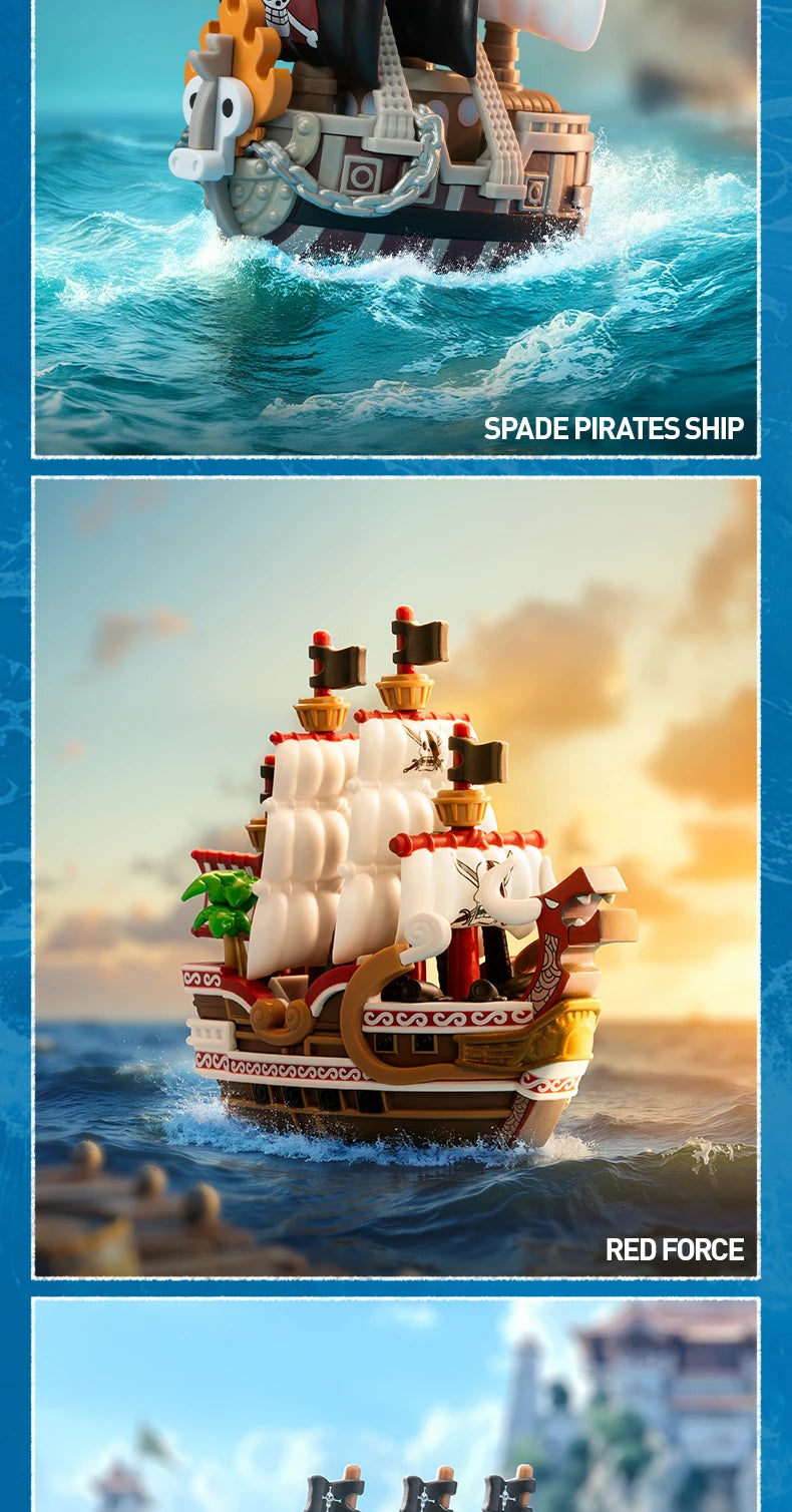 A Pop Mart One Piece Vehicles blind box packaging containing a surprise Grand Line Series ship figure for home decoration.