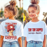 One Piece Kids T-Shirt Luffy Zoro Nami Chopper worn by child model casual summer outfit anime birthday gift idea