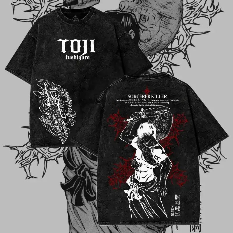 Toji Fushiguro Dark Manga Washed T-Shirt oversized Jujutsu Kaisen streetwear front view