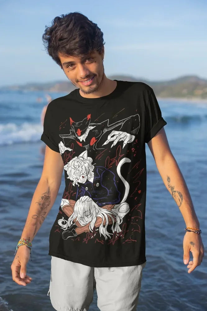 A premium Neferpitou T-Shirt featuring a dynamic manga graphic of the Royal Guard Pitou from Hunter x Hunter, designed as a soft unisex anime tee.