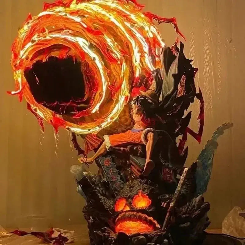 A dynamic Luffy Gear 3 Figure made of PVC, featuring glowing LED Red Roc fire effects, designed as a GK anime collectible statue.