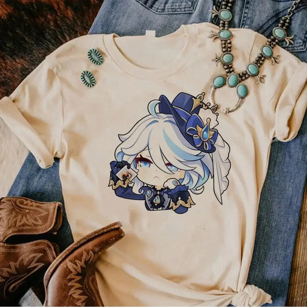 A woman wearing a funny Y2k Genshin Impact Furina T-Shirt with a comic anime design.