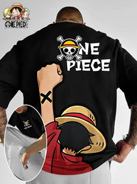 A fashionable One Piece Graphic T-Shirt in an oversized streetwear fit, featuring a high-quality anime print of Monkey D. Luffy and Roronoa Zoro.