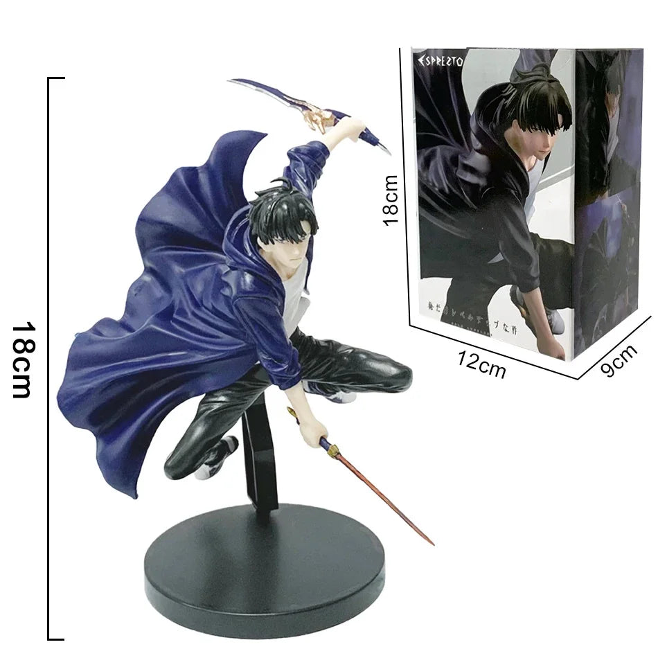 A highly detailed Sung Jin Woo Figure, showcasing the Solo Leveling Shadow Monarch in a dynamic anime action pose for desktop decoration.