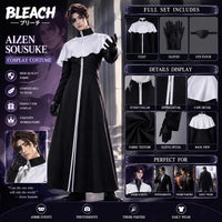 Aizen Sousuke TYBW Cosplay Costume black robe with white shoulder cape and gloves, perfect for conventions.