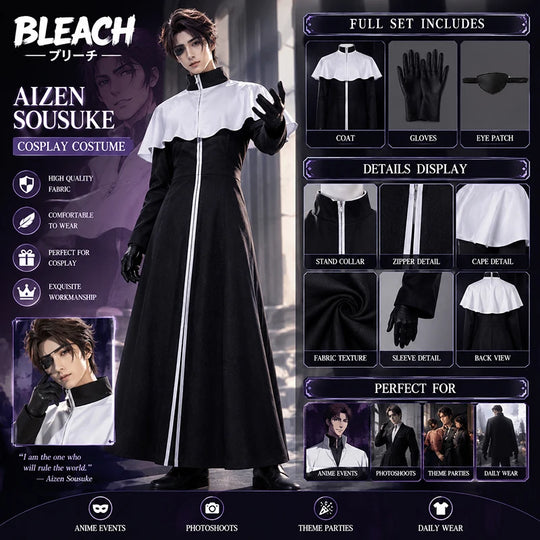 Aizen Sousuke TYBW Cosplay Costume featuring black robe, white cape, gloves, and eye patch for anime conventions.