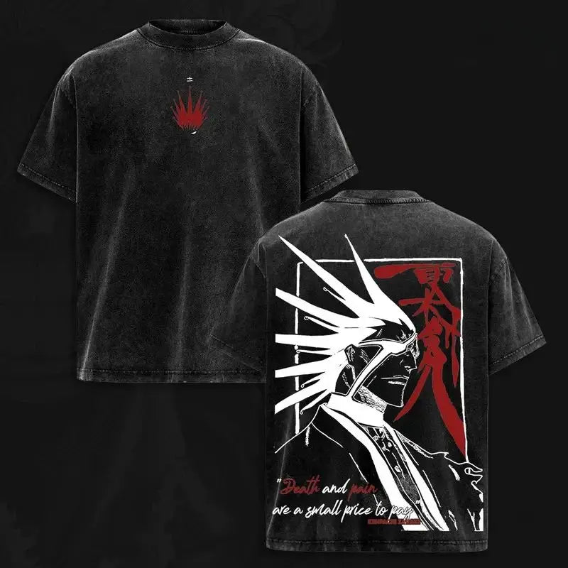 Bleach T-Shirt Vintage Washed Anime Streetwear oversized nylon-cotton blend Y2K hip-hop Bleach anime graphic washed finish applique unisex S to XXXL front view