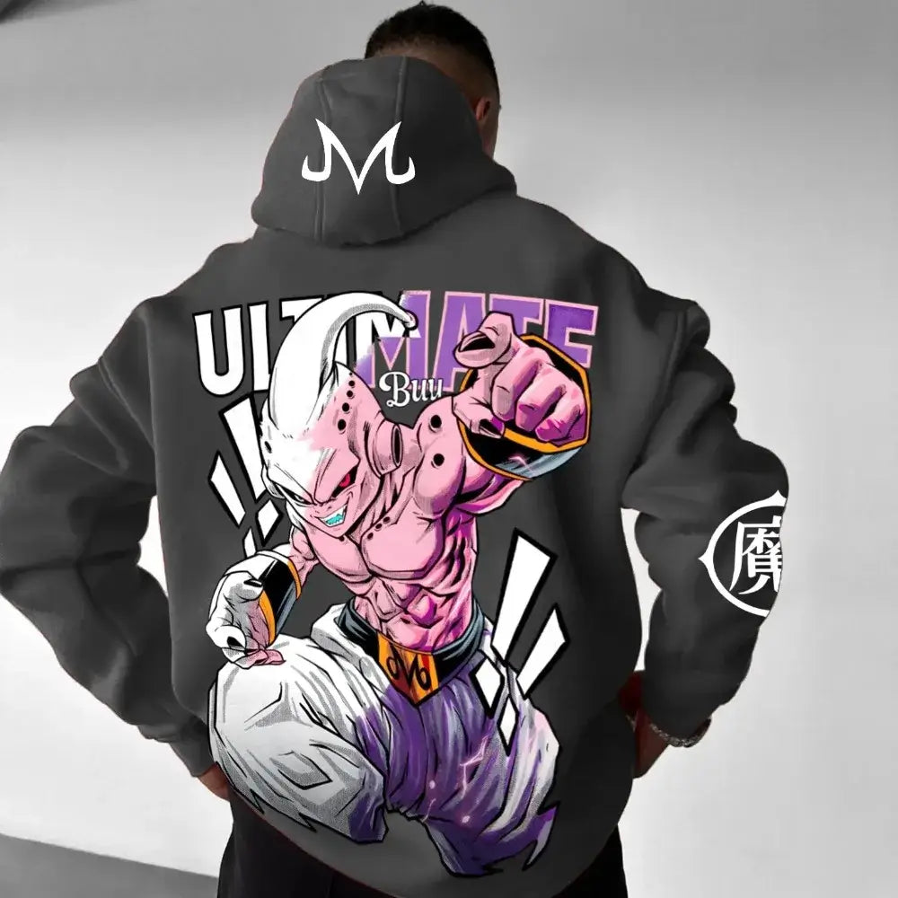 Dragon Ball Majin Buu Anime Hoodie featuring a colorful design of Majin Buu on the back for parent-child style.