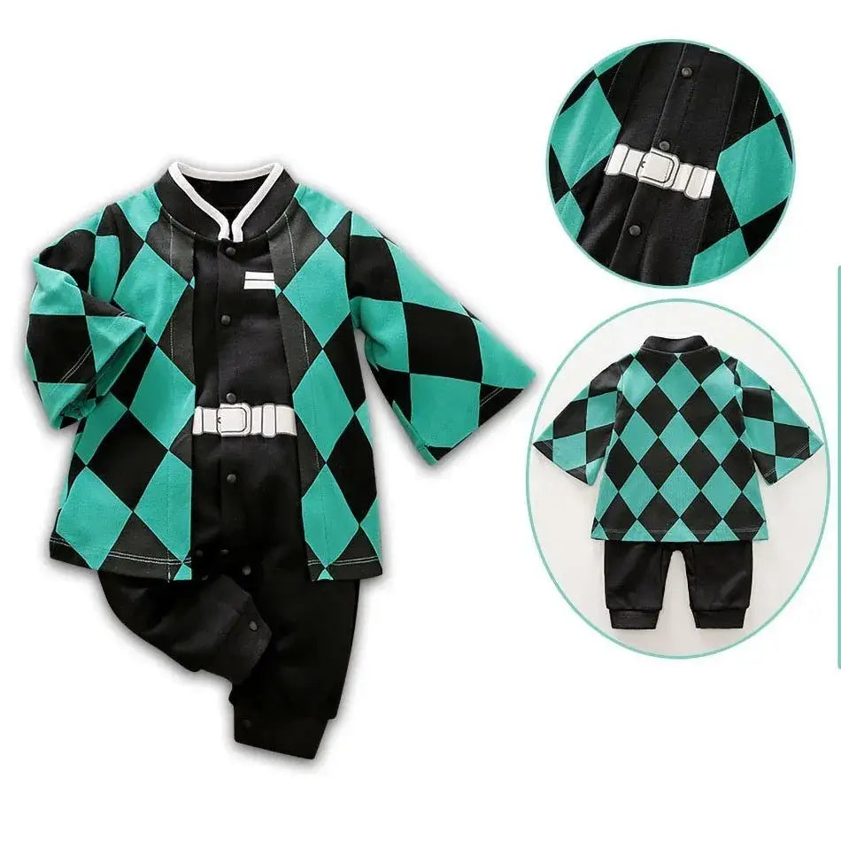 A newborn infant wearing one of the Anime Baby Rompers, a cosplay costume available in Akatsuki, Nezuko, and Tanjirou styles.