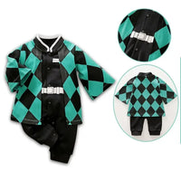 A newborn infant wearing one of the Anime Baby Rompers, a cosplay costume available in Akatsuki, Nezuko, and Tanjirou styles.