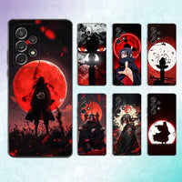 A black soft silicone Itachi Phone Case featuring Uchiha anime art, compatible with Samsung Galaxy S25, S24, S23, S22 Ultra and Plus models.