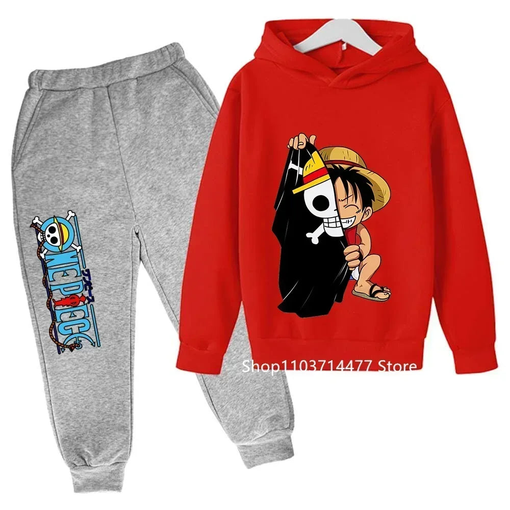 A comfortable One Piece Hoodie Set for kids featuring Monkey D. Luffy anime graphics, including a hoodie and pants 2-piece sports suit.