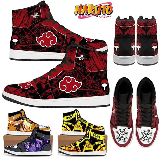Pair of trendy Naruto High Top Sneakers made of durable PU leather, featuring anime cartoon designs for casual street sports and basketball.