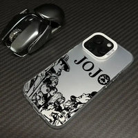 A shockproof JoJo's Bizarre Adventure Phone Case featuring colorful anime art of Jotaro and Dio, compatible with Apple iPhone 16e, 16, 15, and 14 Pro Max.