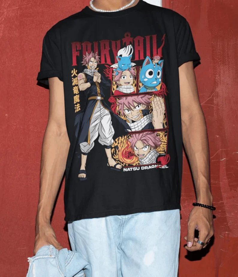 A premium Fairy Tail T-Shirt featuring a dynamic graphic of Natsu Dragneel and Gray Fullbuster, designed as anime streetwear for fans.