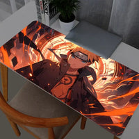 A high-quality Naruto Uzumaki Mouse Pad featuring dynamic anime artwork, rolling out on a Gabinete Gamer desk with a Varmilo keyboard and PC mouse.