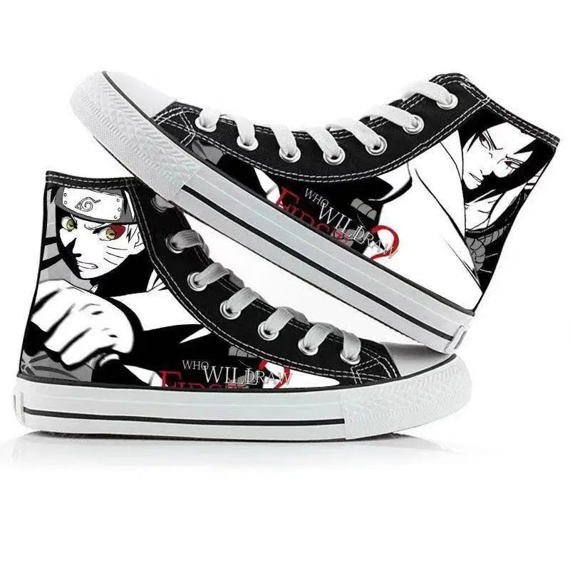 Trendy high-top Naruto Canvas Shoes featuring cool graffiti personality prints of Sasuke Uchiha, Itachi, and Kakashi for men and women.