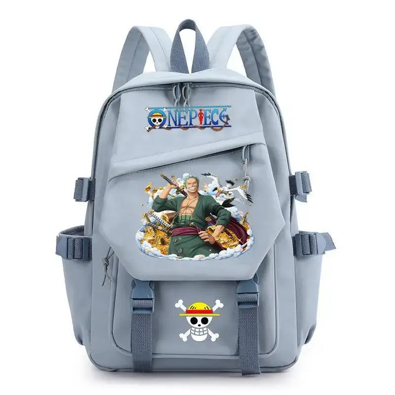 A lightweight canvas One Piece Backpack featuring kawaii anime characters, suitable for school, travel, and carrying a laptop computer.
