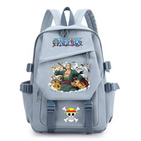 A lightweight canvas One Piece Backpack featuring kawaii anime characters, suitable for school, travel, and carrying a laptop computer.