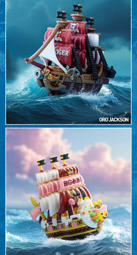 A Pop Mart One Piece Vehicles blind box packaging containing a surprise Grand Line Series ship figure for home decoration.