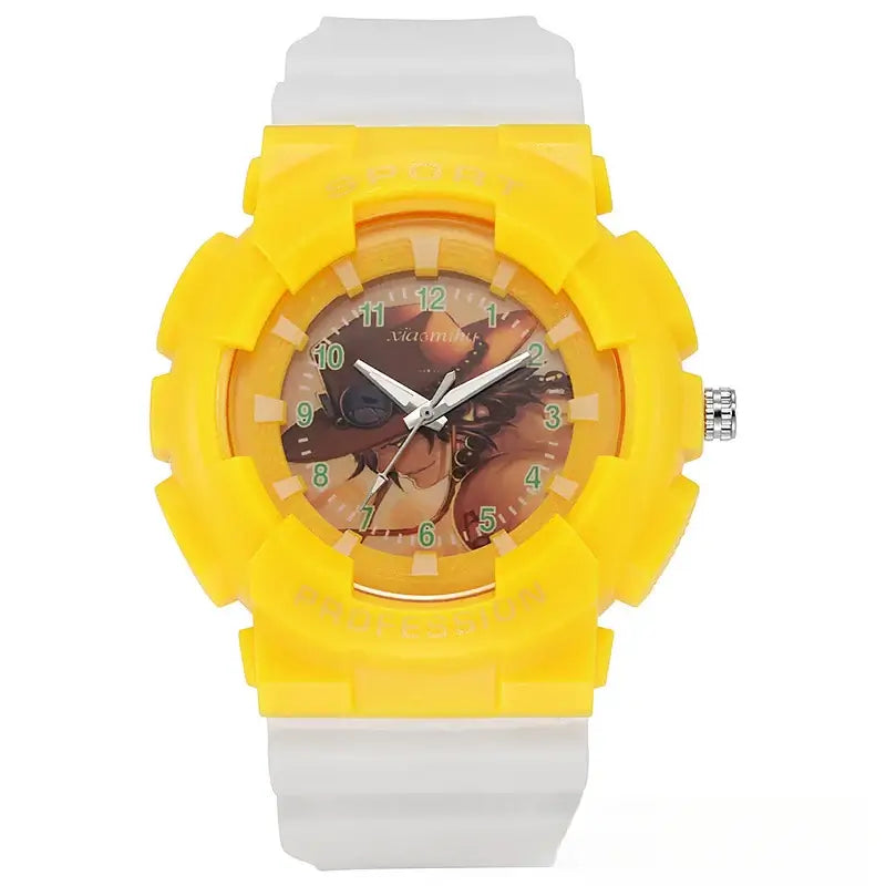 A waterproof One Piece Electronic Watch featuring colorful Monkey D. Luffy anime character art on a durable sports wristband for children.
