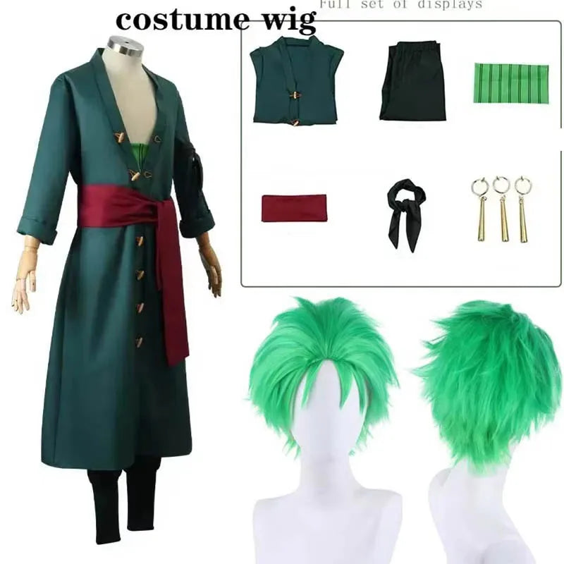 Roronoa Zoro Cosplay Costume with matching wig set and accessories for fans and conventions.