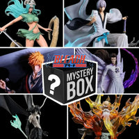 A vibrant Bleach Blind Box packaging revealing highly detailed anime action figures of Kurosaki Ichigo, Sosuke Aizen, and Rukia Kuchiki for collector display.