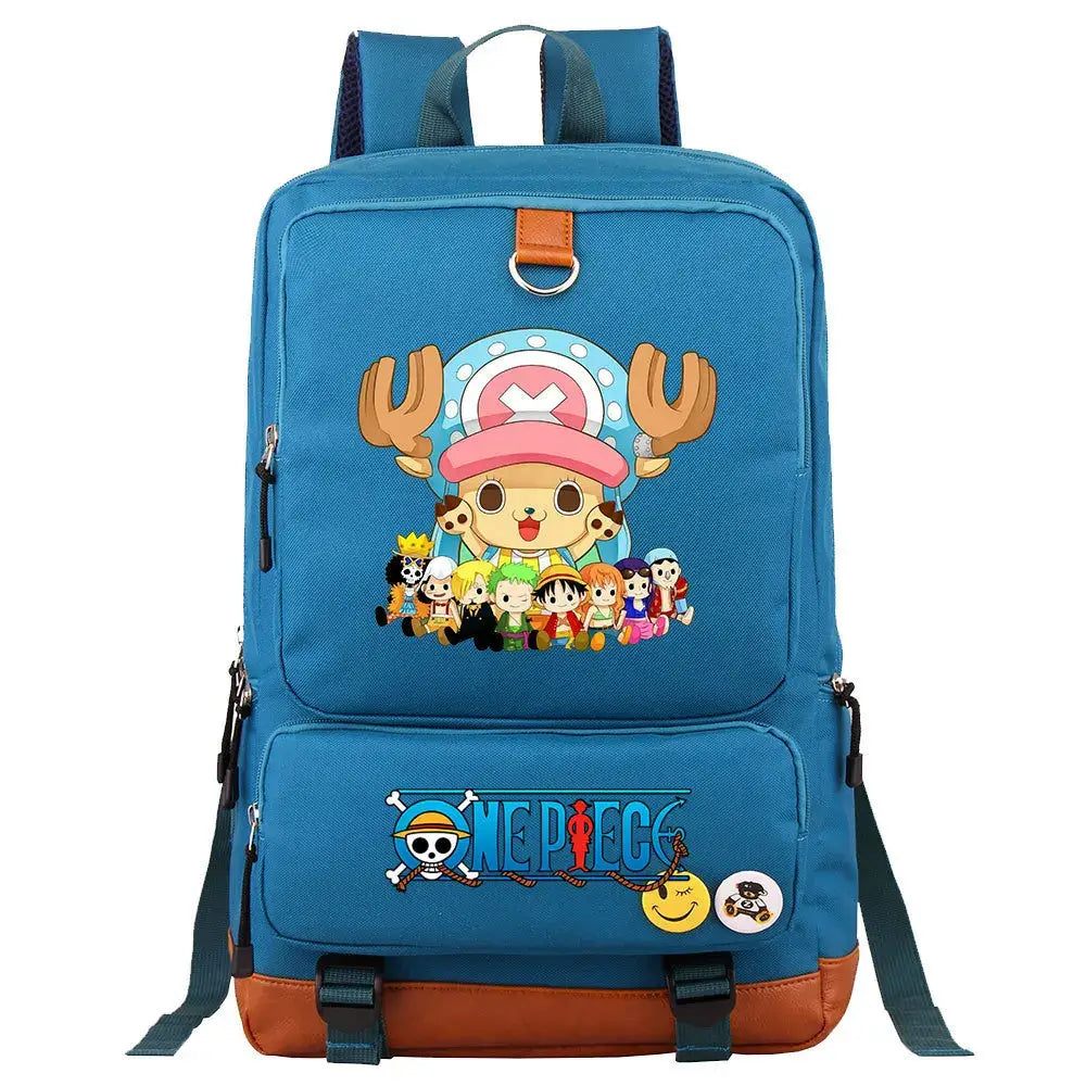 A large, unisex One Piece Luffy Printed Unisex Backpack suitable for school and travel, with compartments for a laptop and iPad.