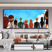 A high-quality One Piece decorative painting featuring Monkey D. Luffy, Roronoa Zoro, and Portgas D. Ace as a sofa background wall hanging.