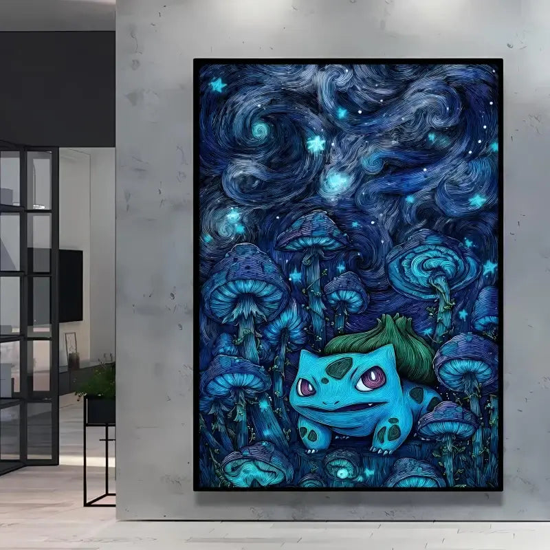 A stunning Van Gogh Pokemon Wall Art piece featuring Pikachu painted in a Starry Night impressionist style for unique home decoration.