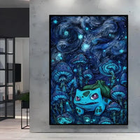 A stunning Van Gogh Pokemon Wall Art piece featuring Pikachu painted in a Starry Night impressionist style for unique home decoration.