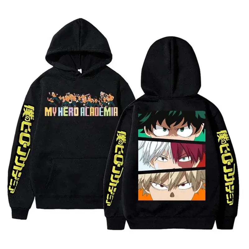 An oversized Midoriya Izuku Hoodie featuring a black and white manga graphic print, styled as unisex Harajuku streetwear for men and women.