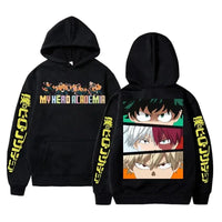 An oversized Midoriya Izuku Hoodie featuring a black and white manga graphic print, styled as unisex Harajuku streetwear for men and women.