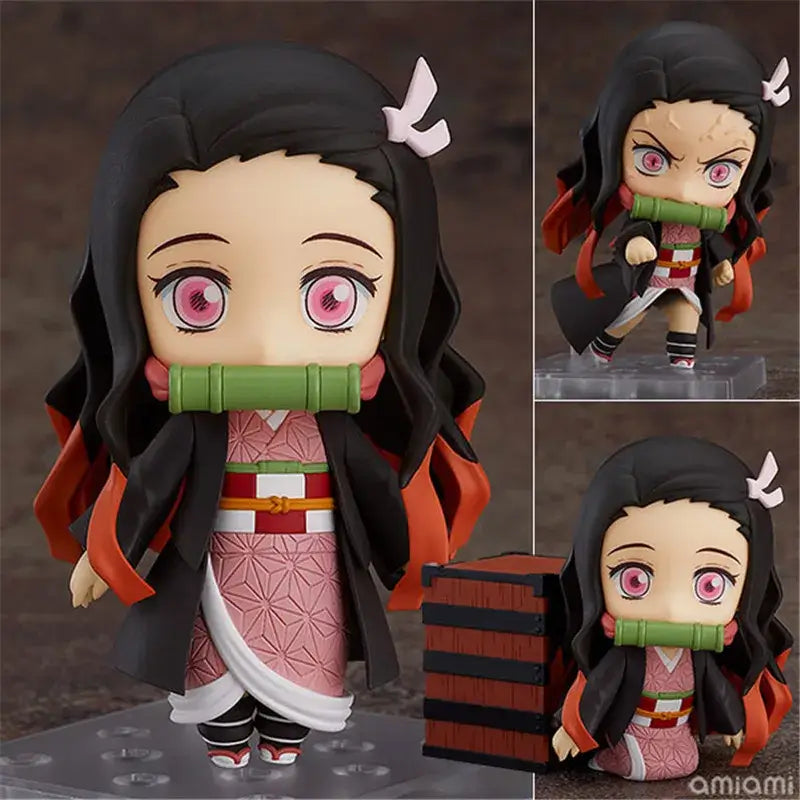 High-quality Demon Slayer Nendoroid Figures featuring Kamado Tanjiro, Nezuko, and Uzui Tengen posing for an upscale anime collection display.